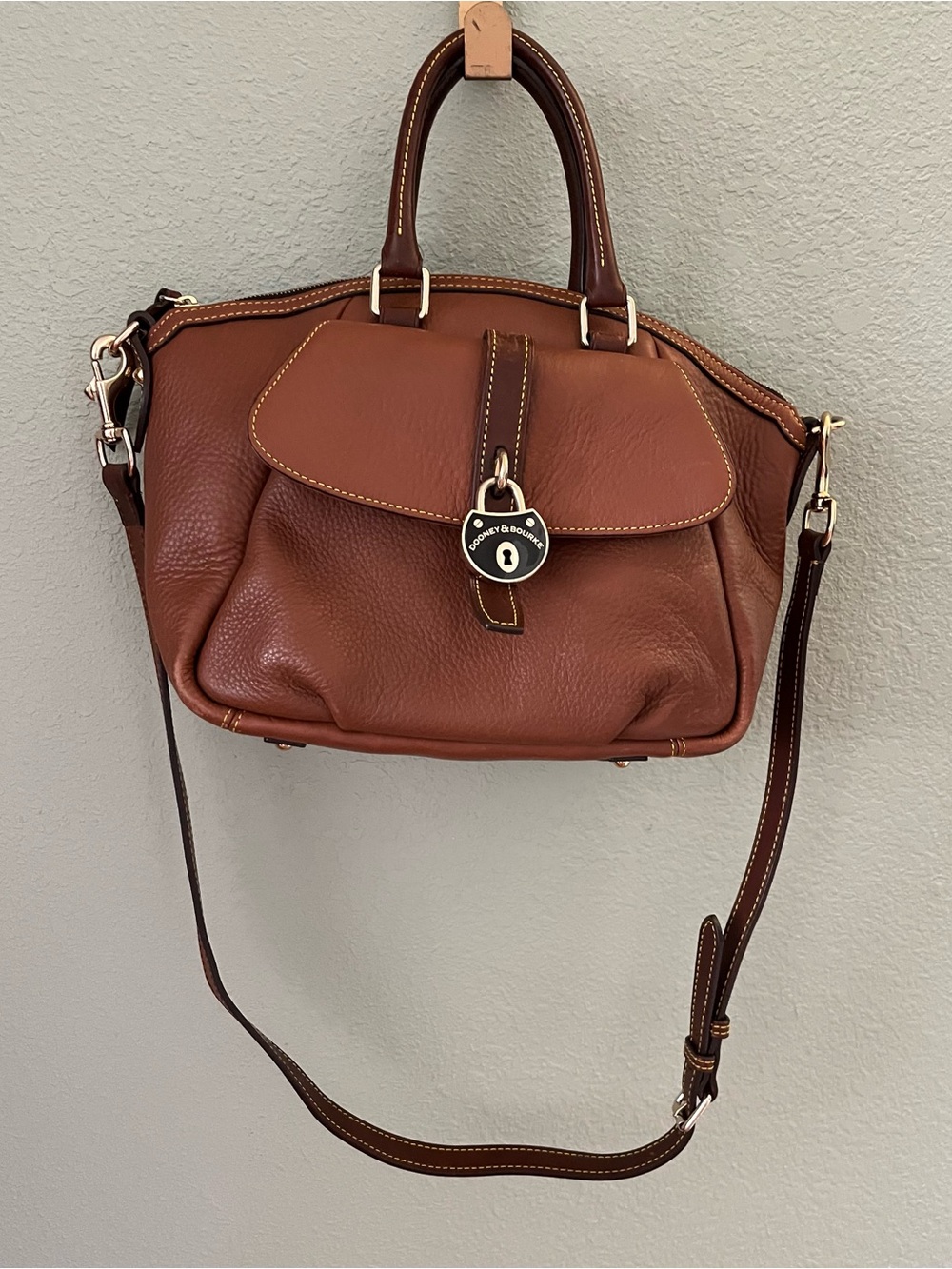 Dooney & Bourke Brown Leather Satchel with Lock Accent